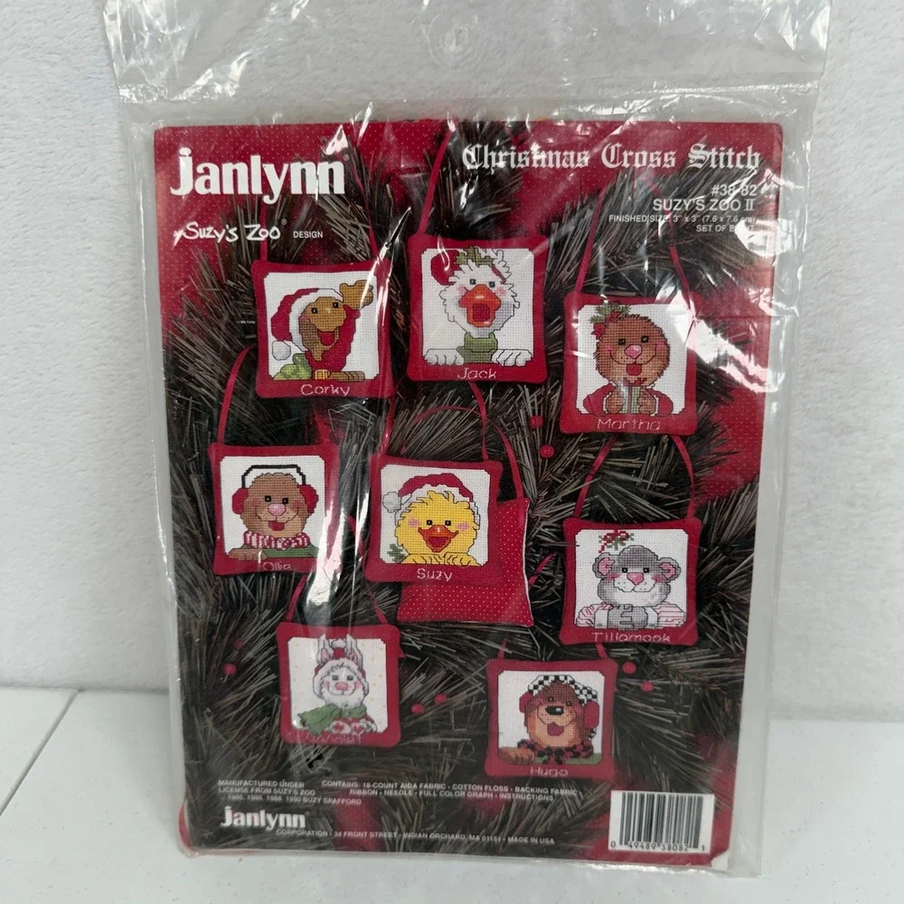 Janlynn 3x3 Suzy's Zoo II Christmas Cross Stitch Ornament Kit 38-82 Set of 8 NEW